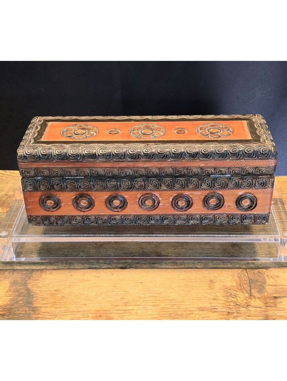Vtg Handcrafted Wooden Keepsake Box Polish Folk Art Brass Inlay Jewelry Chest